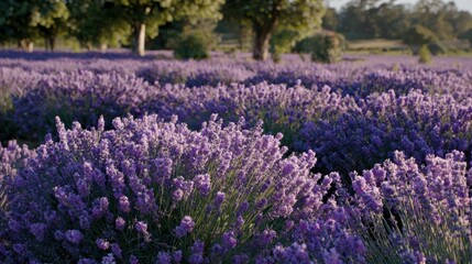 Fototapeta premium Vibrant lavender fields under soft morning light with lush green trees