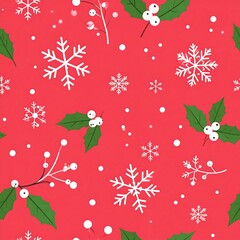 Festive red background with white snowflakes and sprigs of holly
