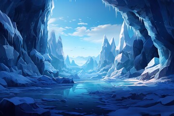 stunning scene showcases a winter wonderland with massive ice formations and jagged mountains. bright blue sky contrasts with icy terrain, creating serene and peaceful atmosphere
