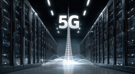 Rendered image depicts a data center hallway with a tower emitting signal waves