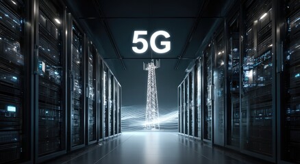 A data center aisle features servers and a digital 5G tower hologram