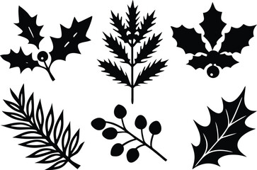 Christmas vector plants, holly berries, Christmas tree, mistletoe, pine, berries, branches with leaves, holiday decoration silhouette vector illustration