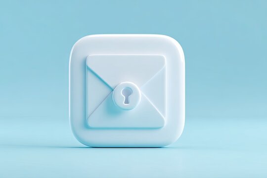 3D rendered icon of an email envelope featuring a keyhole, set against a light blue backdrop