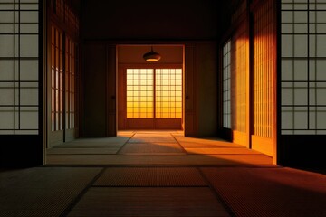 An interior view depicting traditional Japanese architecture with sliding doors, light, and shadows