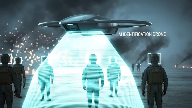 AI Identification Drone: An advanced drone employs artificial intelligence to scan and identify individuals in a military setting.