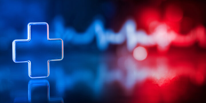 Red and blue glowing medical cross  on dark background, modern emergency healthcare concept with copy space. Perfect for medical websites, first aid posters, hospital branding, or healthcare banner