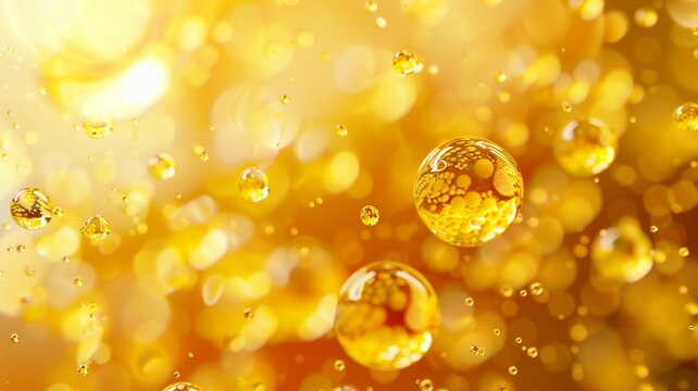 Golden vitamin fish oil omega droplets floating in liquid with a glowing bokeh background, creating a warm and abstract visual effect.
