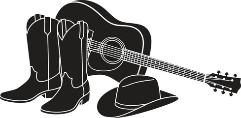 Country music iconography cowboy boots guitar and hat silhouette