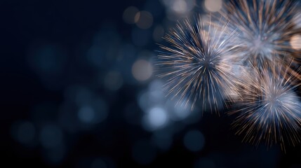 Fototapeta premium Gold and dark blue fireworks bursting in the night sky with bokeh, New Year Eve celebration, copy space included. Festive abstract background