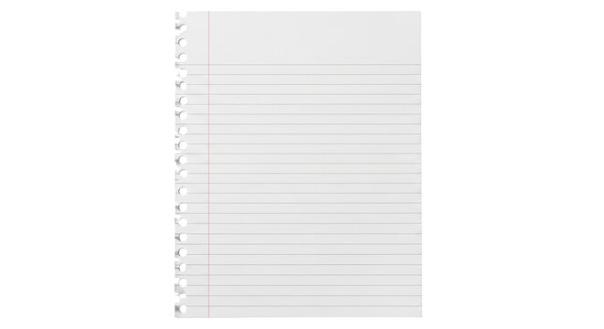 Isolated loose leaf paper sheet with line for note taking in office and school supply