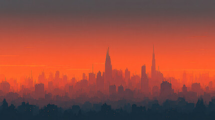 A futuristic city skyline glows at sunset in hyperrealistic detail. Minimal and sleek architecture conveys innovation, modernity, and technological progress, blending warm light with clean urban desig