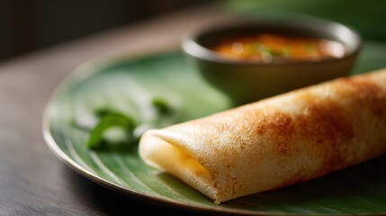South Indian paper masala dosa plated with sambhar and coconut chutney on banana leaf. Food presentation and selective focus concept