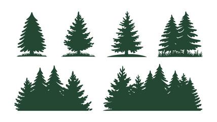 Obraz premium Silhouettes of various evergreen pine trees in a forest setting