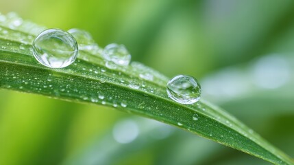 Closeup View of Water Droplets on Green Leaf Highlighting Nature's Refreshing Beauty