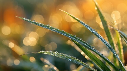 Closeup of Dew Covered Grass Blades in Soft Morning Light with Bokeh Background