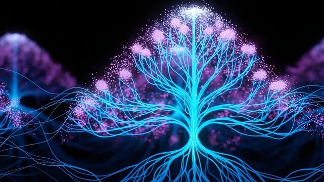 Futuristic technology tree neural network concept representing artificial intelligence and the connectivity of information