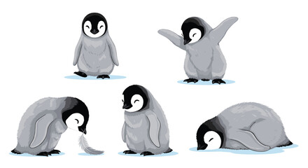 Captivating collection of fluffy baby emperor penguins showing various playful poses and cute activities.