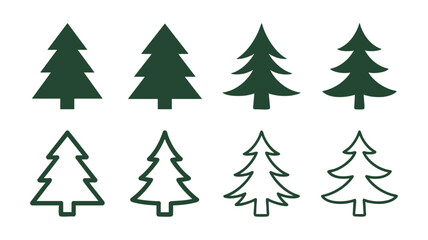 Collection of stylized evergreen trees in various styles