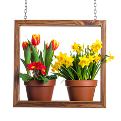 Two potted spring flower arrangements, framed and hanging, against a black background