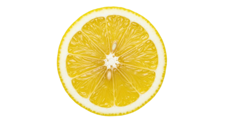 Isolated slice of lemon, citrus fruit with juicy pulp and peel, half section, refreshment food