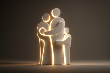 Illuminated abstract sculpture depicting a parent and child embracing another