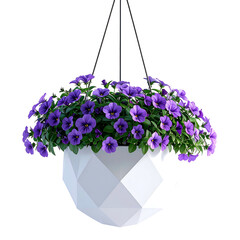 A hanging white planter overflowing with vibrant purple flowers and green foliage against black