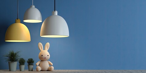 A cheerful scene with hanging lights, a plush bunny, and potted plants set against a blue backdrop
