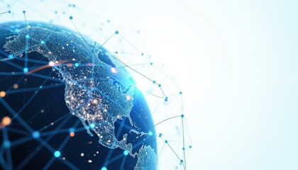 Global digital network connects continents, cities light up with data streams. Futuristic world map shows interconnected nodes, illustrating modern tech.