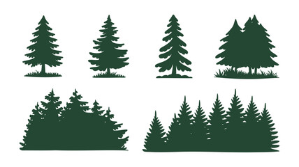 Obraz premium Collection of dark green pine tree silhouettes on a white background