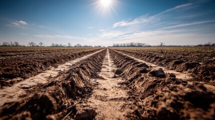 Tractor tilled agricultural field under bright blue sky with sunlight
