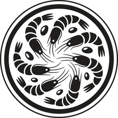 Stylized black and white illustration of shrimp arranged in a circular pattern