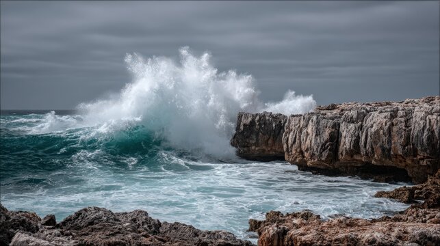 Dramatic waves crashing against rocky coastline under cloudy sky - Powered by Adobe