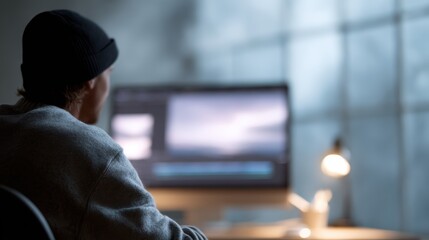 Fototapeta premium A digital creator editing video footage on a large monitor in a creative workspace.