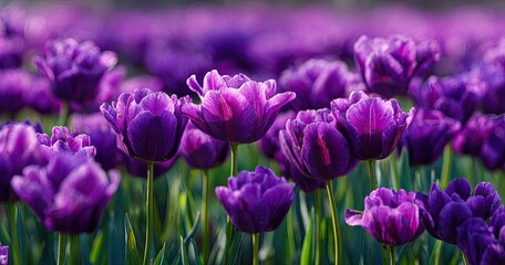 Obraz premium Field of vibrant, dark purple, open-petaled flowers with some sunlight