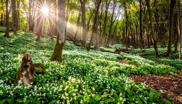 A sunlit forest path weaves through vibrant greenery, with a carpet of white flowers and tall, lush trees. Beams of light shine brightly