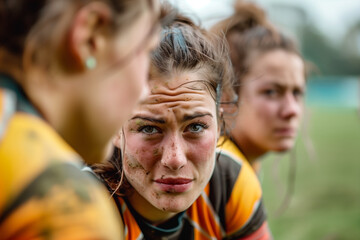 Fototapeta premium Tired female rugby players during match on field