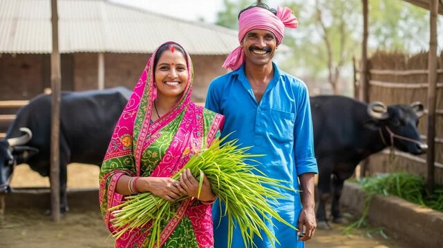 Happy Indian Farming Couple Standing Together with Freshly Harvested Crop and Buffaloes on their Farm