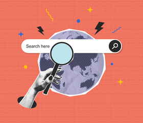 Collage of search bar with halftone hand holding magnifying glass and Earth globe. Concept of global search page. Collage design with halftone elements. Vector.