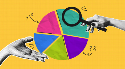 Collage banner with two halftone hand holding magnifying glass and circular diagram parts. Concept of business data graph or market share. Collage design with halftone elements. Vector.