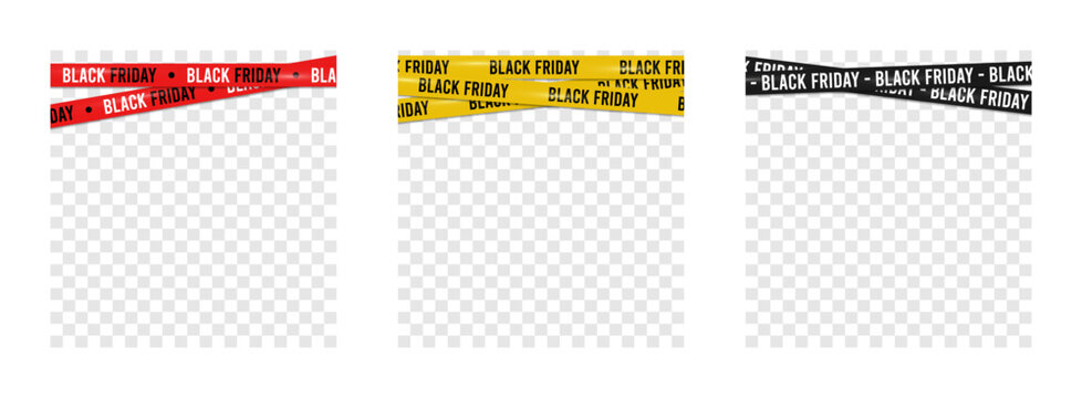 Black friday crossed ribbons or tapes set. Template of shopping ribbons in black, red and yellow colors with text - black friday. Discount stripes for online store decoration and sale banner. Vector.