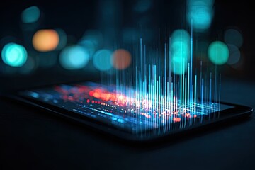 A digital tablet displays luminous data streams, with blurred urban lights in the background