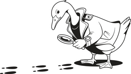 Cartoon goose wearing a trench coat and holding a magnifying glass investigates footprints