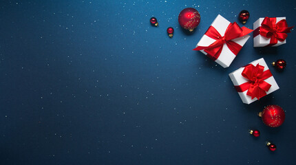 Merry Christmas and Happy Holidays greeting card, frame, banner. New Year. Red and white Christmas decorations and gifts on blue background top view. Winter xmas holiday celebration theme.
