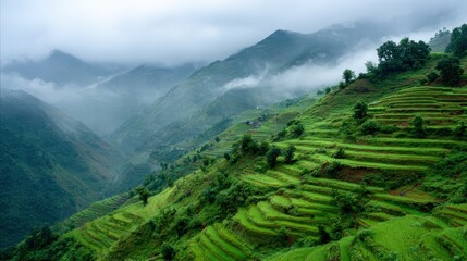 Obraz premium Lush green terraced fields amidst misty mountains in serene landscape