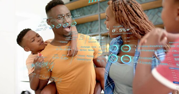 Father carrying son stepping analyzing finance chart hologram while mother pointing percentage