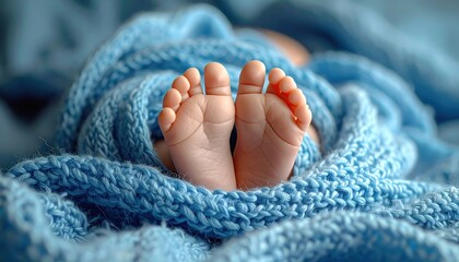 A close-up of a baby's feet nestled in a soft, blue knitted blanket, exuding warmth and tenderness.