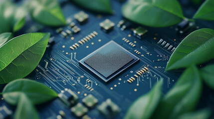 A futuristic microchip intertwined with organic vines symbolizing the fusion of technology and nature representing sustainable innovation bio technology and harmony between digital progress and life