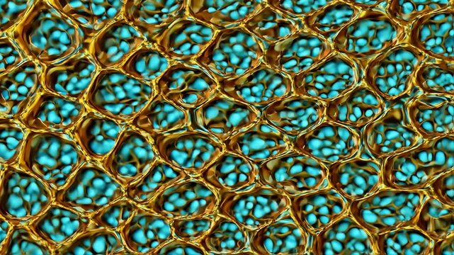 Abstract microscopic view of biological cells or organic matter with intricate patterns and vibrant colors.