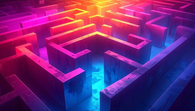 Abstract illustration of a complex, brightly-lit, 3D maze