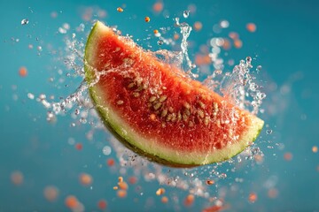 A juicy watermelon slice bursts mid-air, surrounded by a splash of water and colorful droplets